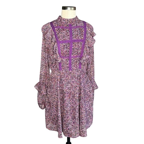 KOKO + MASON Purple Floral Ruffle Prairie Midi Dress Women's Size Large NWT - Picture 1 of 7